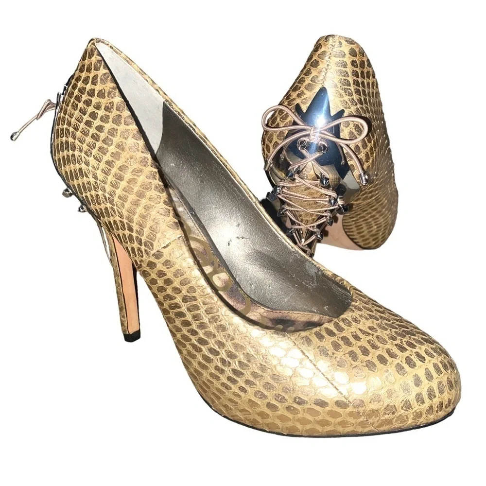 Sam Edelman Evan Snakeskin Gold Spike Heels Size 6 - Picture 3 of 15